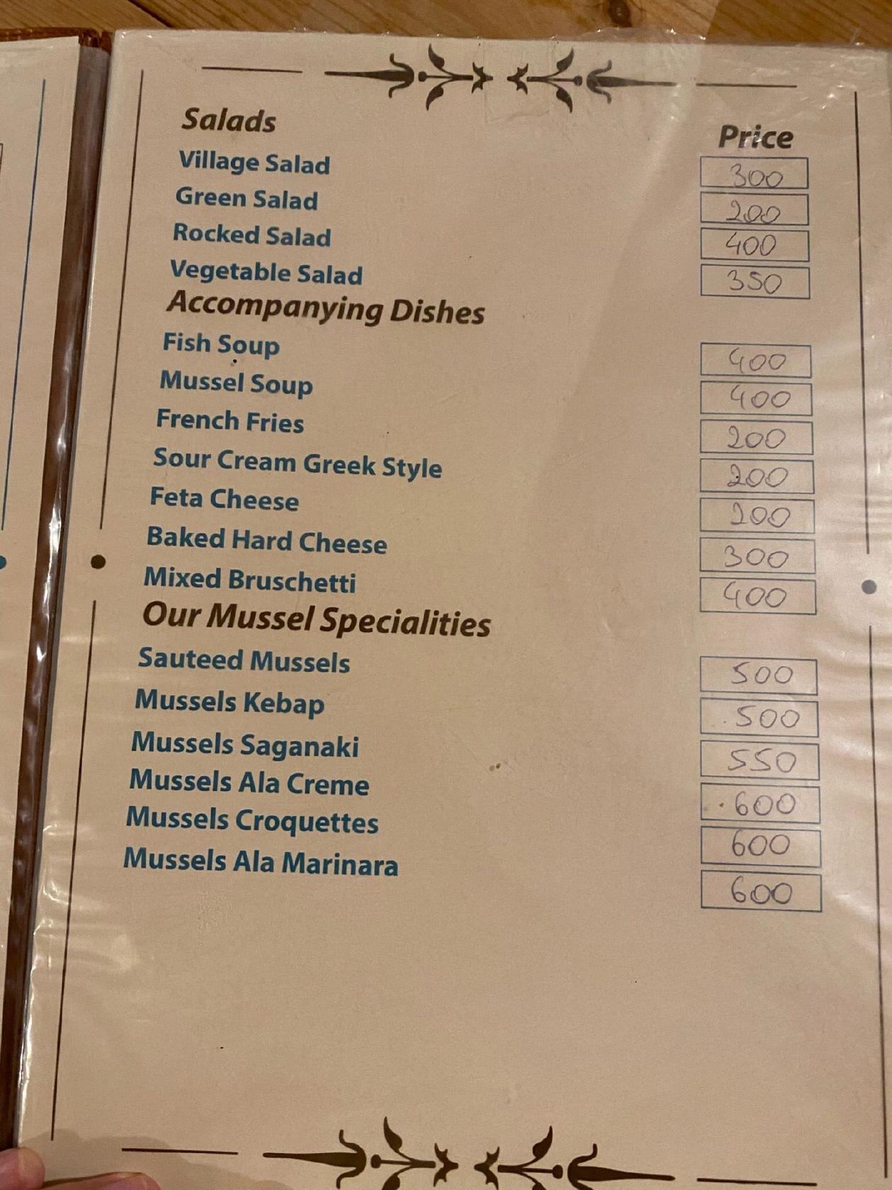 Menu at The Mussel House restaurant, Ksamil