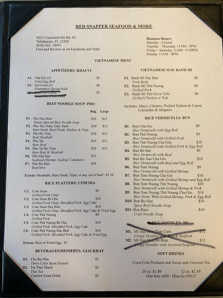 Menu at Red Snapper restaurant, Tallahassee, Crawfordville Rd 5