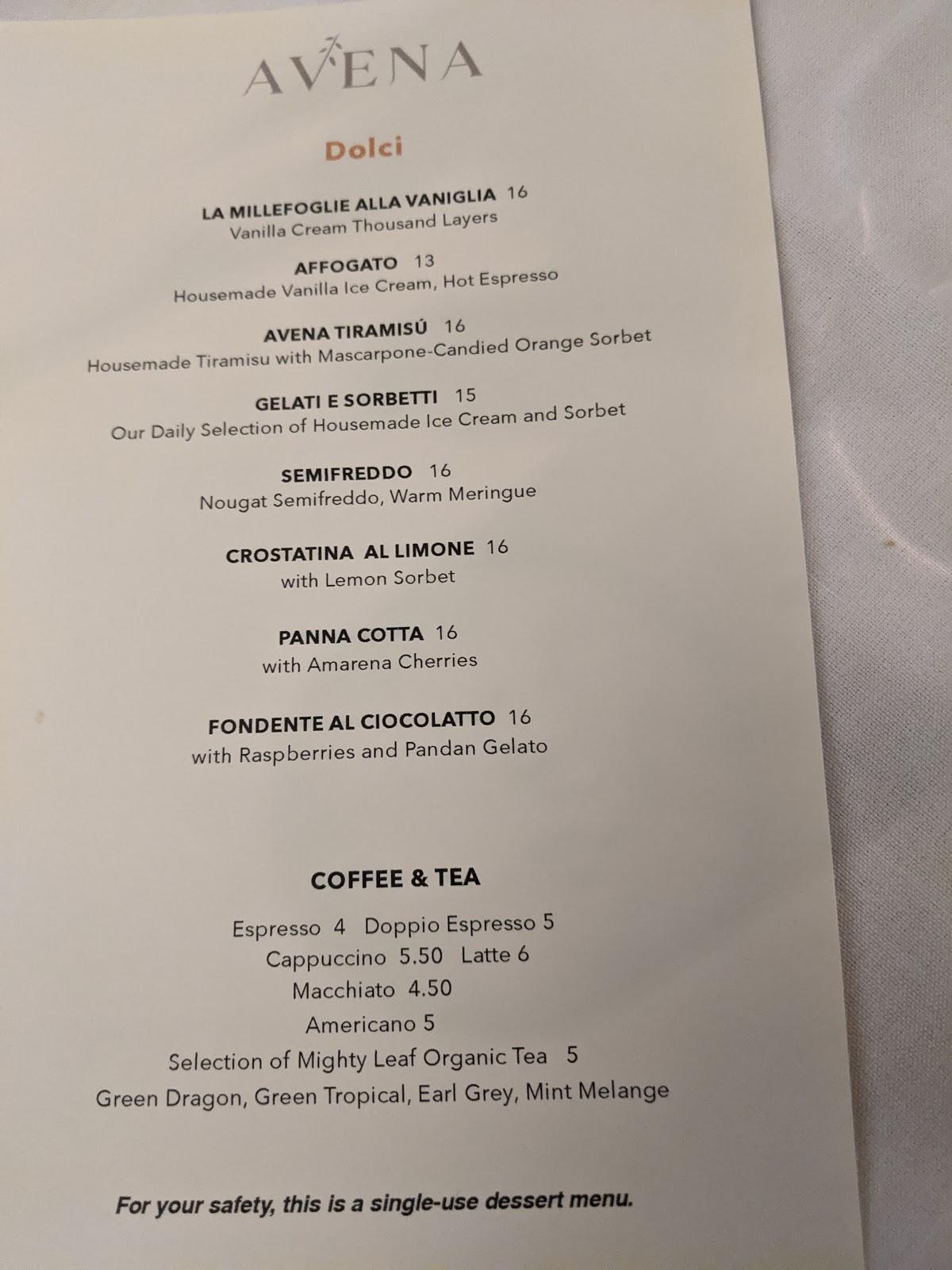 Menu at Avena restaurant, West New York, 22 E 66th St
