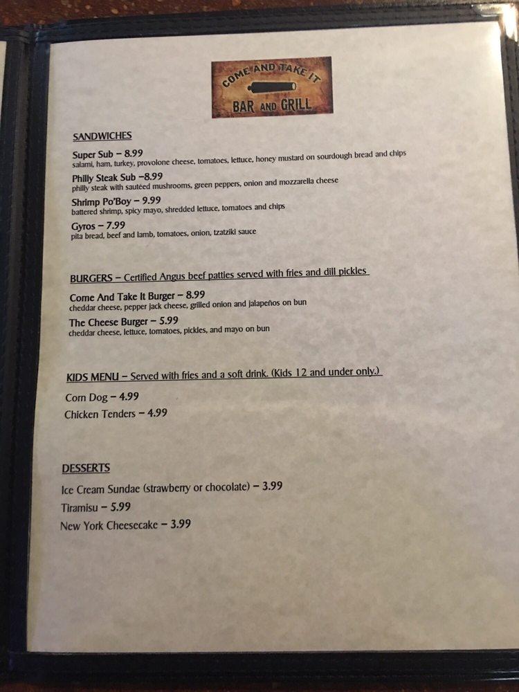 Menu at Come and Take It Bar & Grill, Gonzales