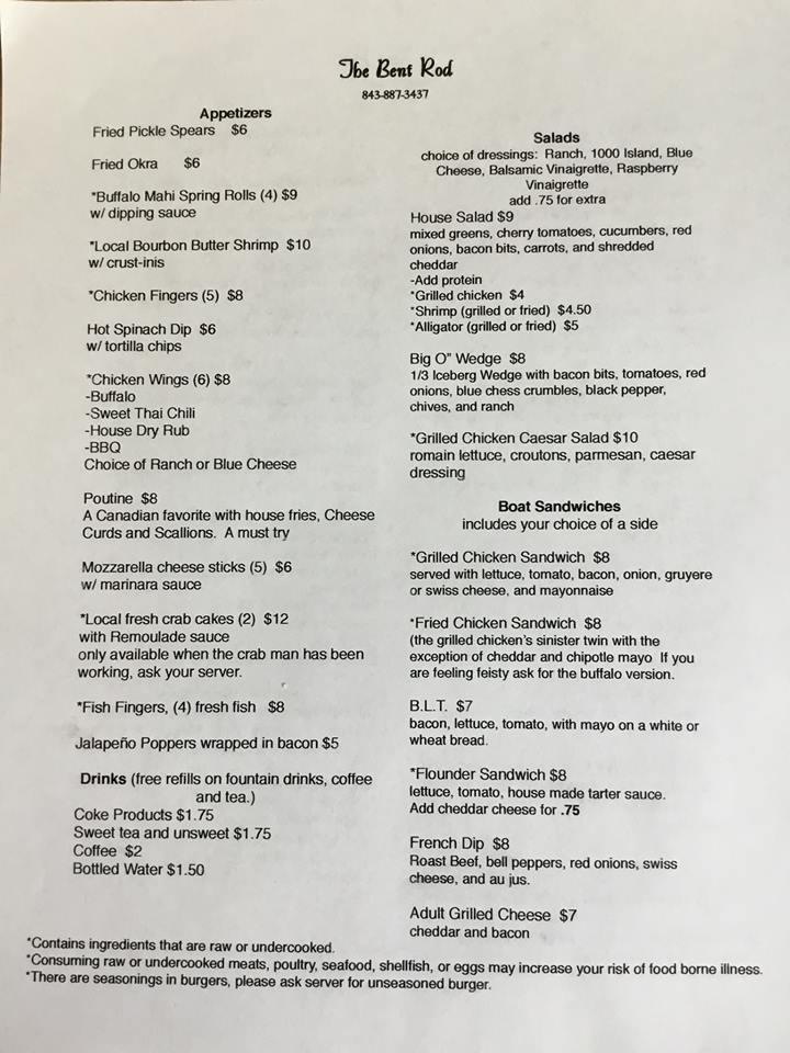 Menu at The Bent Rod pub & bar, McClellanville