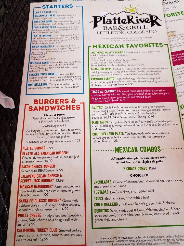 Menu at Platte River Bar and Grill, Littleton