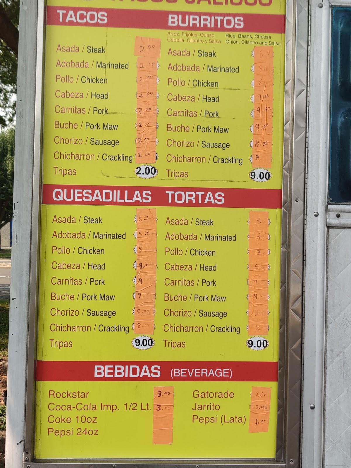 Menu at Tacos Jalisco restaurant, Rancho Cordova, 3445 Sunrise Blvd