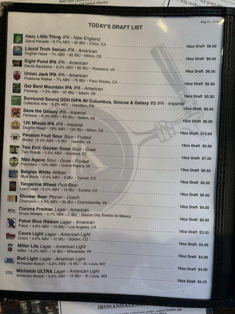 Menu at Iron & Ale Lynchburg Tap and Table pub & bar, Lynchburg, 106 Cornerstone St