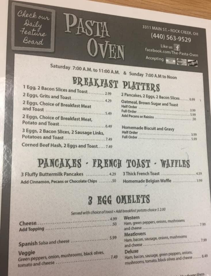 Menu at Pasta Oven pizzeria, Rock Creek