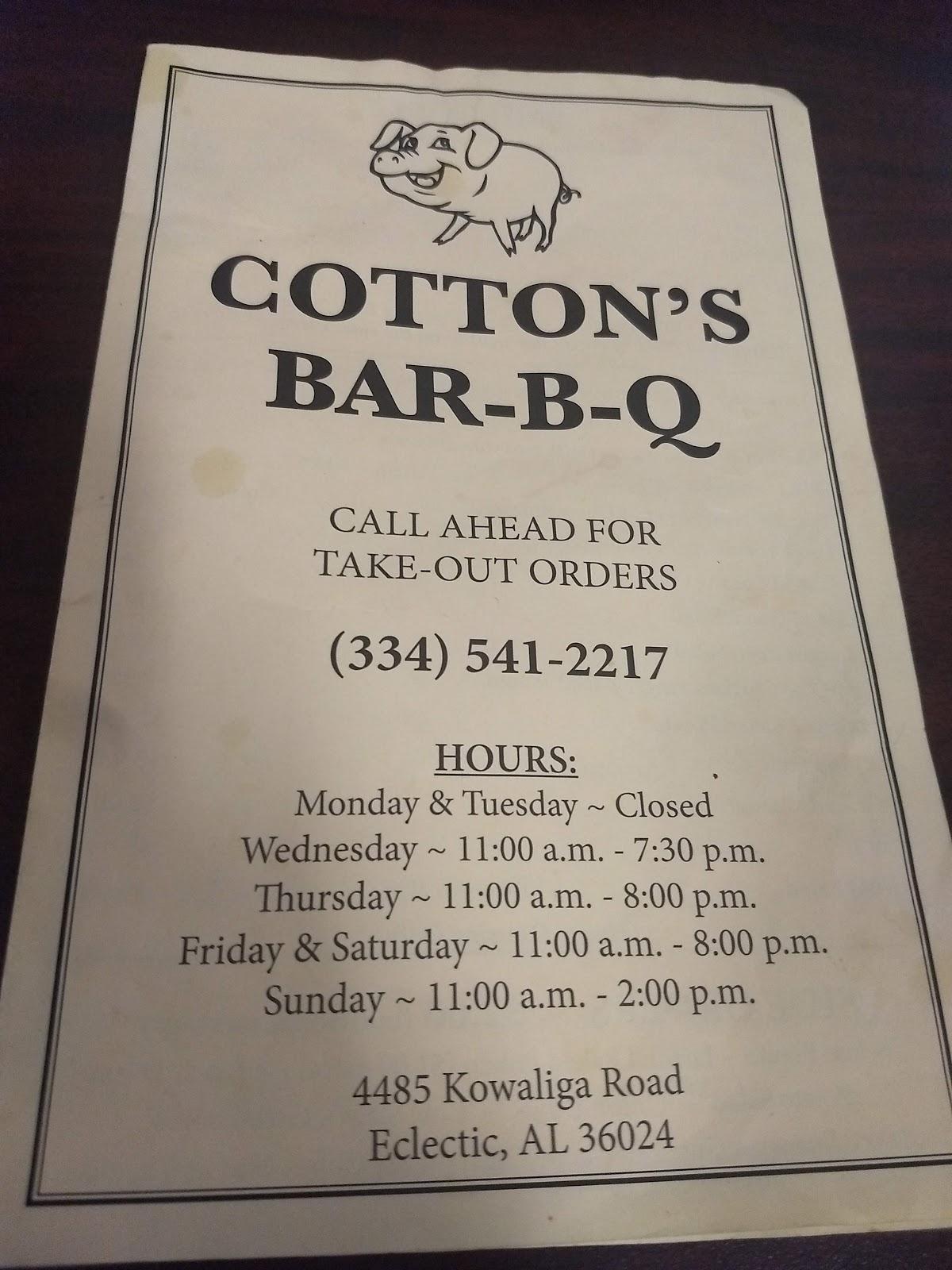 Menu at Cotton's Alabama Barbecue, Eclectic