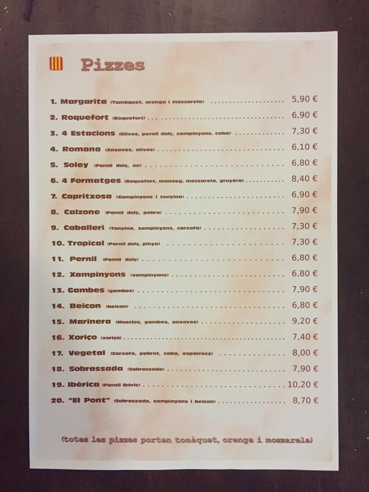 Carta de Pizzeria El Pont, Roda de Ter