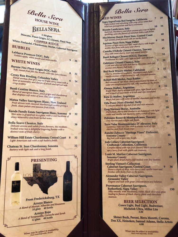 Menu at Bella Sera of Fredericksburg Texas restaurant, Fredericksburg