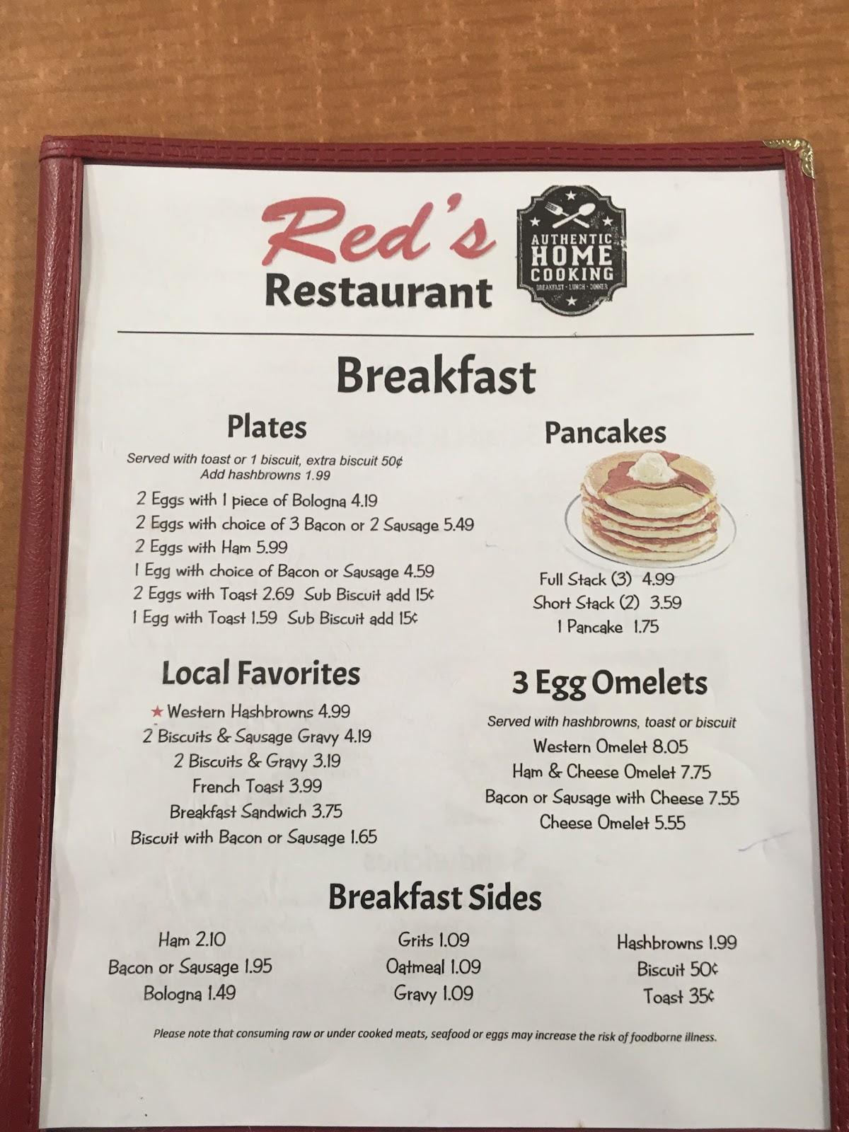 Menu at Red's Restaurant, Fordyce, US79