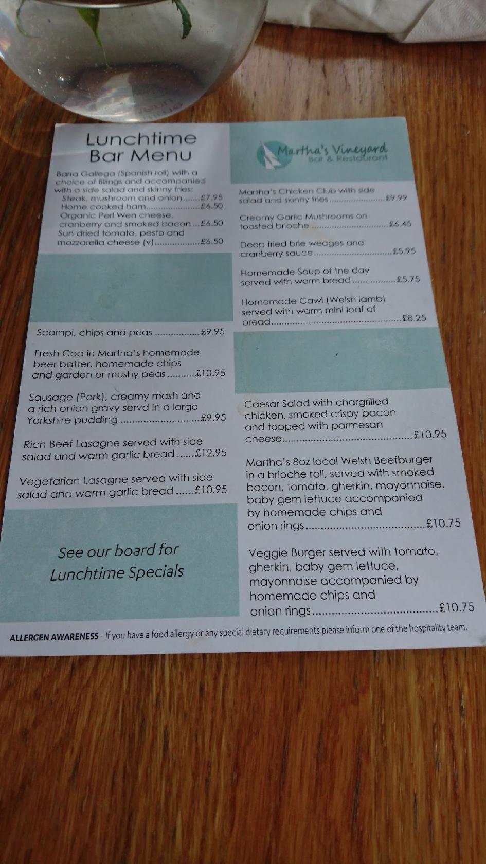 Menu at Martha’s Vineyard restaurant, Milford Haven