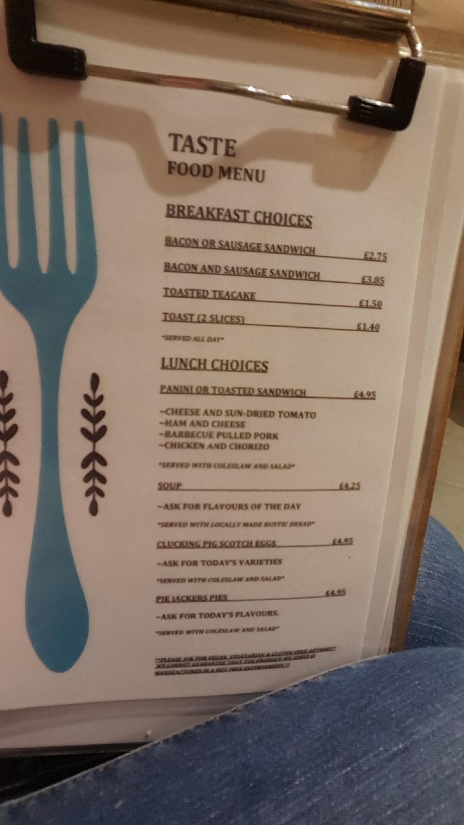 Menu at Taste cafe, SaltburnbytheSea