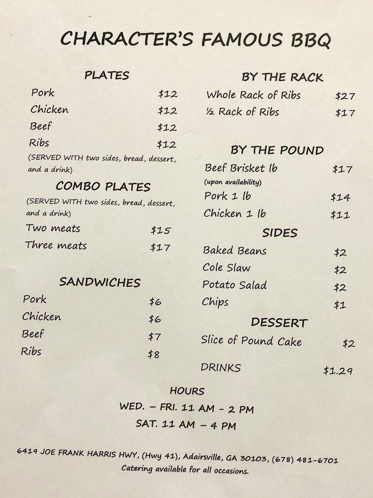 Menu at Character's Famous BBQ, Adairsville, Joe Frank Harris Pkwy