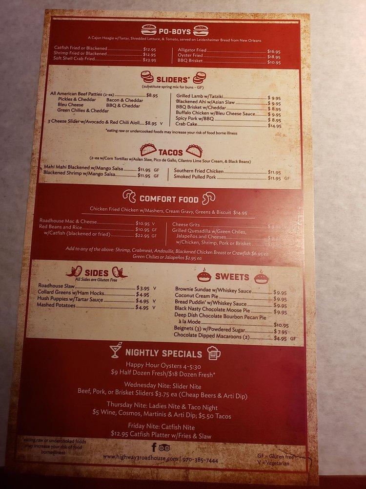 Menu at Highway 3 Roadhouse & Oyster Bar, Durango