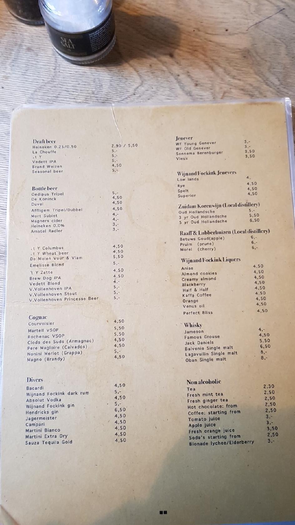 Menu at Café De Prins, Amsterdam