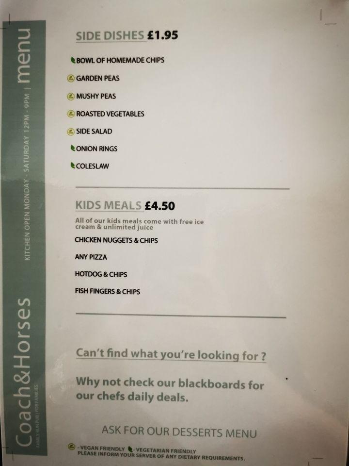 Menu at Coach and Horses pub & bar, Birtley, Coach and horses