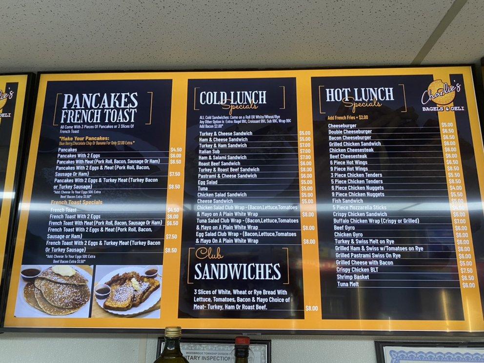 Menu at Charlie's Bagel’s & Deli fast food, Woodbridge Township