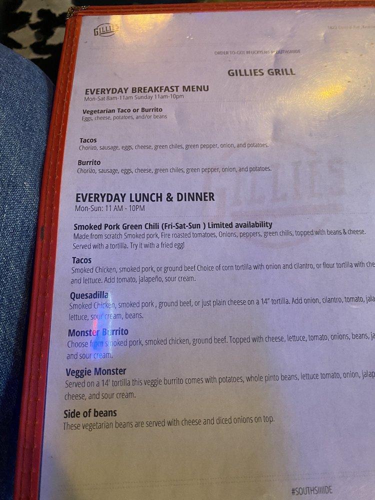 Menu at Gillies pub & bar, Kearney