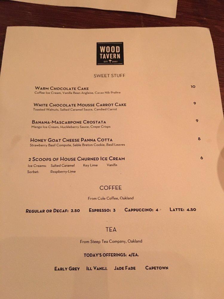 Menu at Wood Tavern restaurant, Oakland
