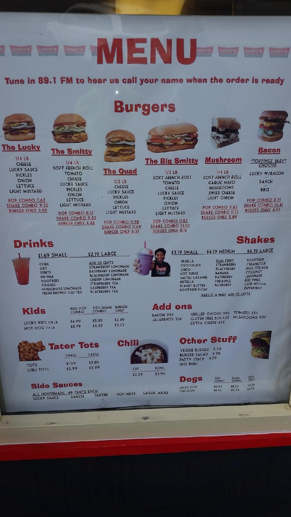 Menu at Lucky's Drive-In restaurant, Tacoma