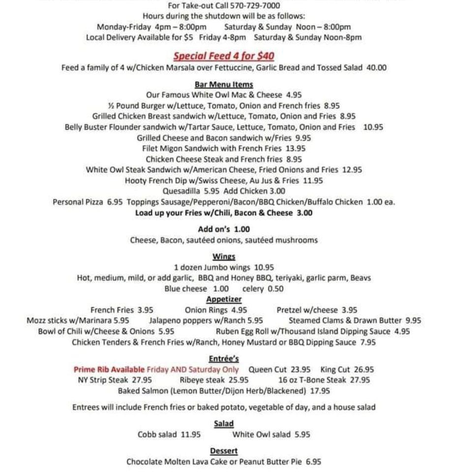 Menu at White Owl pub & bar, USA, 318 Welcome Lake Rd