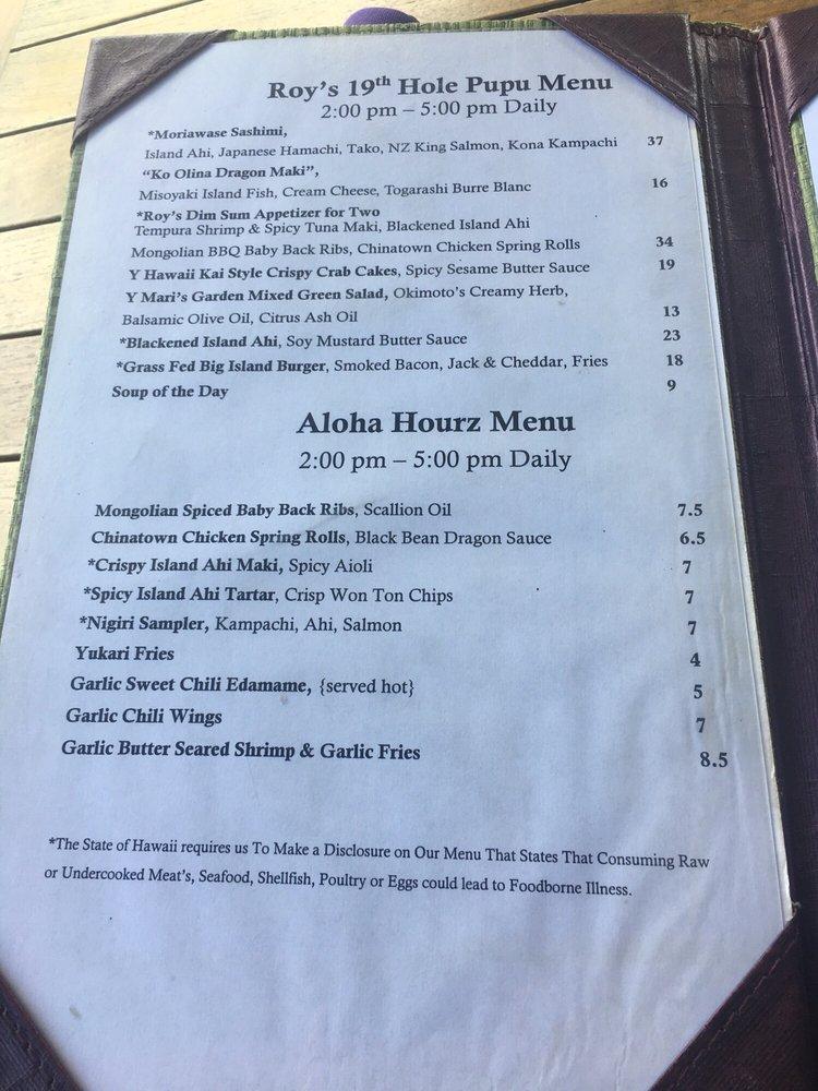 Menu at Roy's Ko Olina restaurant, Kapolei