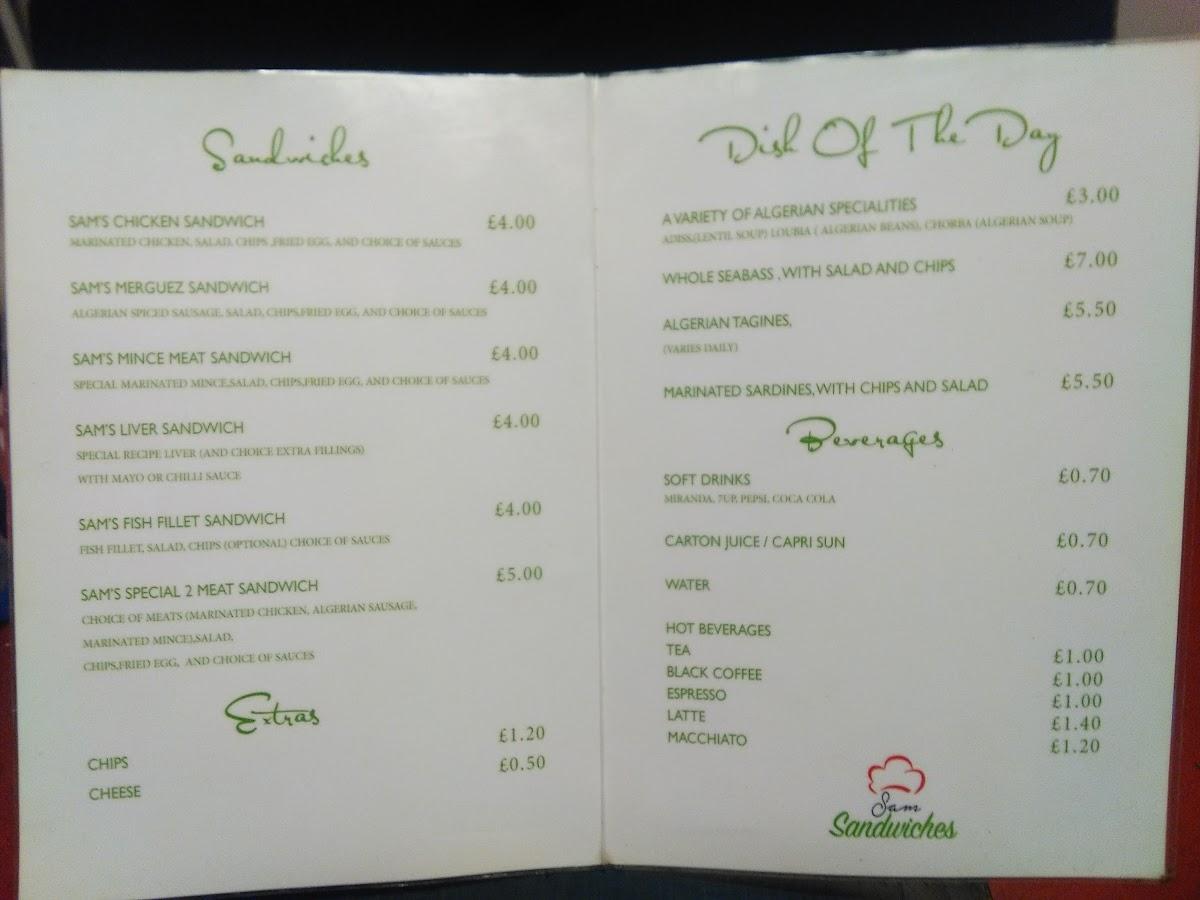 Menu at Sam Sandwiches restaurant, London