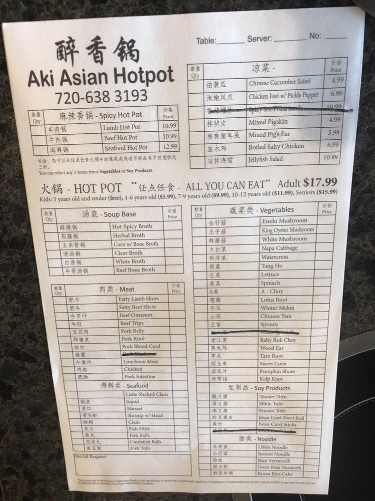 Menu at Aki Asian Hotpot Restaurant, Aurora