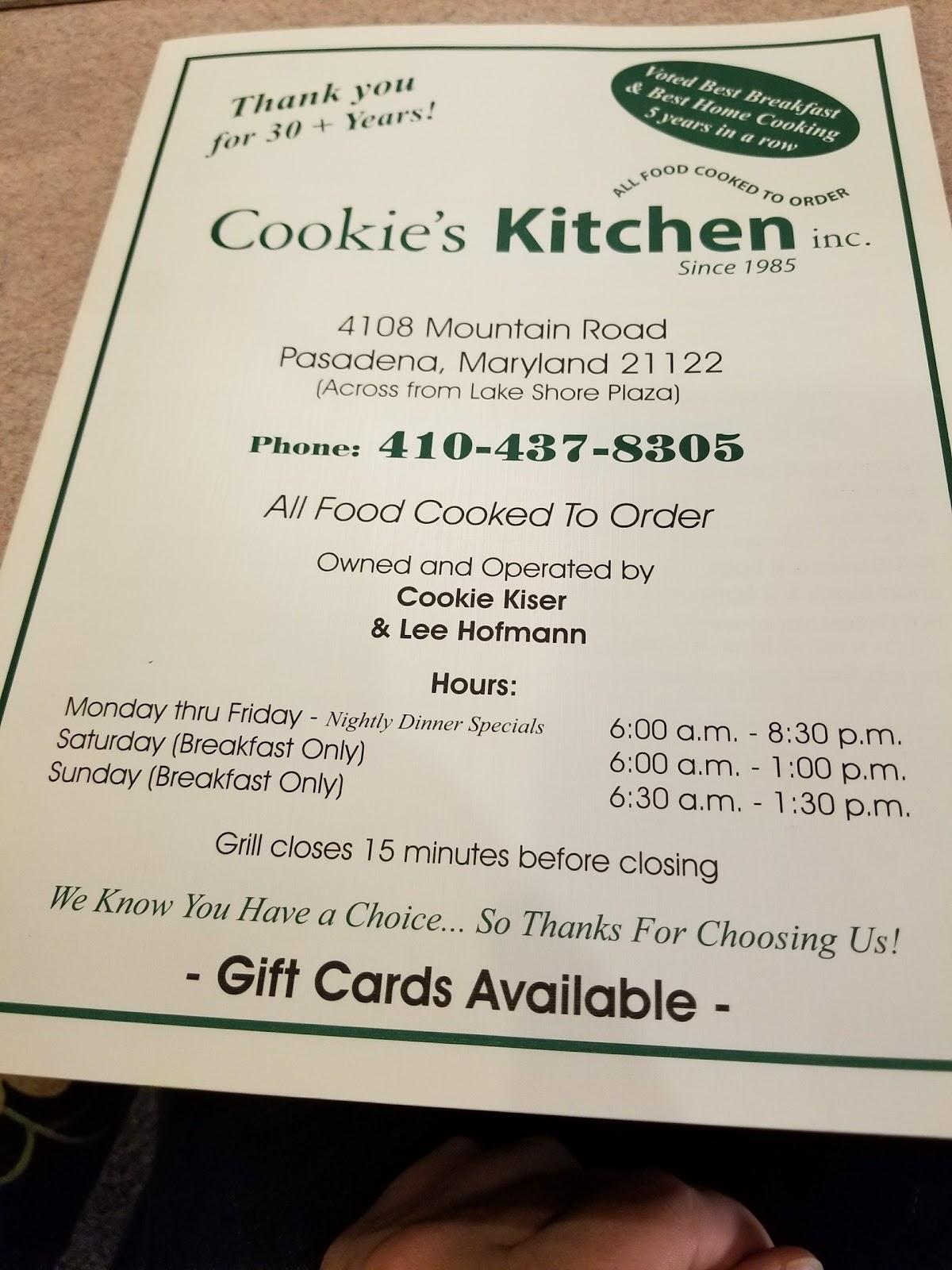 Menu at Cookie's Kitchen restaurant, Pasadena