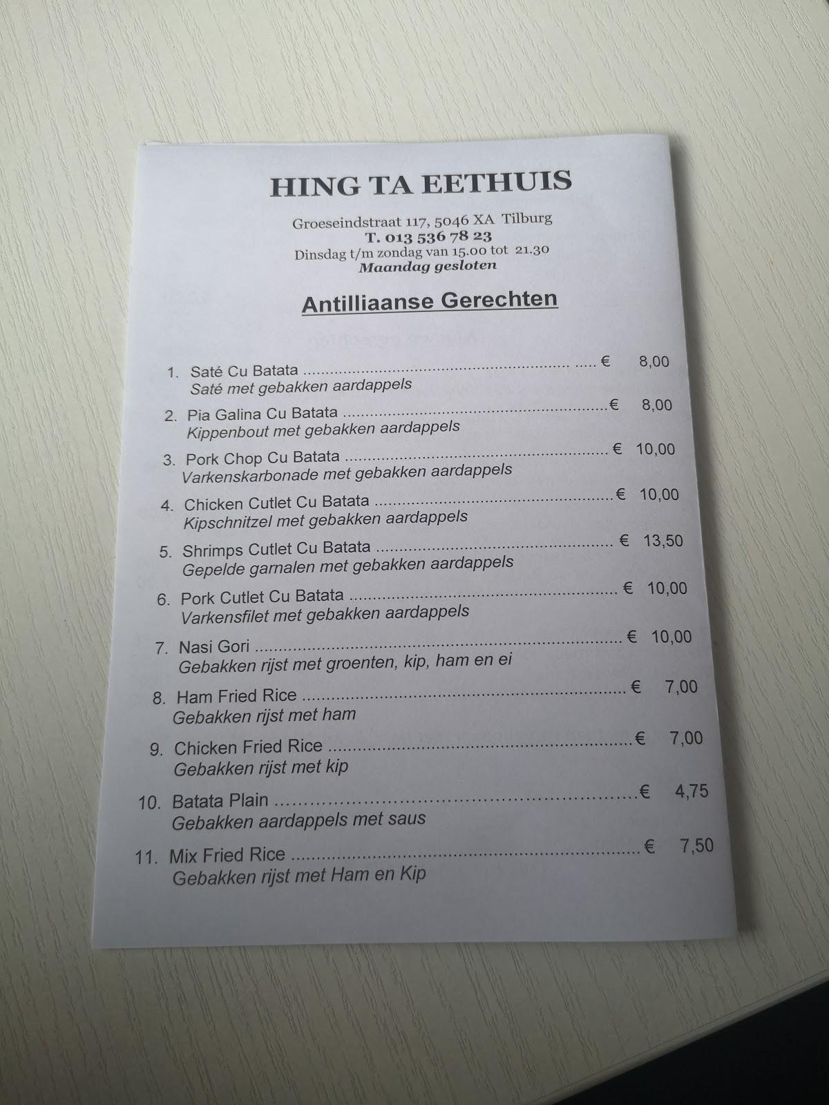 Menu at Hing Ta Eethuis, Tilburg
