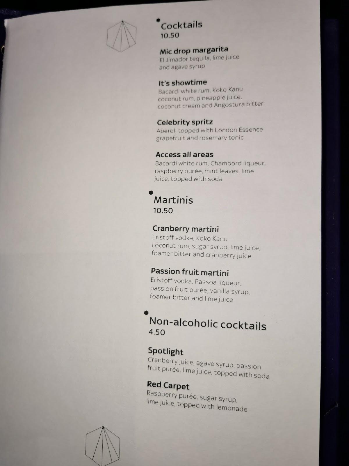 Menu at Sky Backstage at The O2 pub & bar, London, The O2