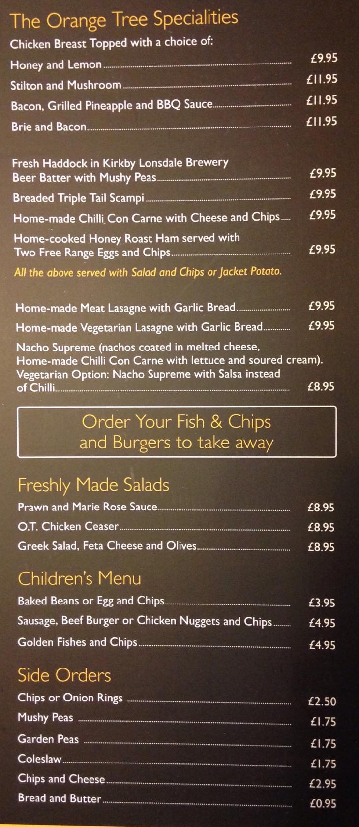 Menu at The Orange Tree pub & bar, Kirkby Lonsdale