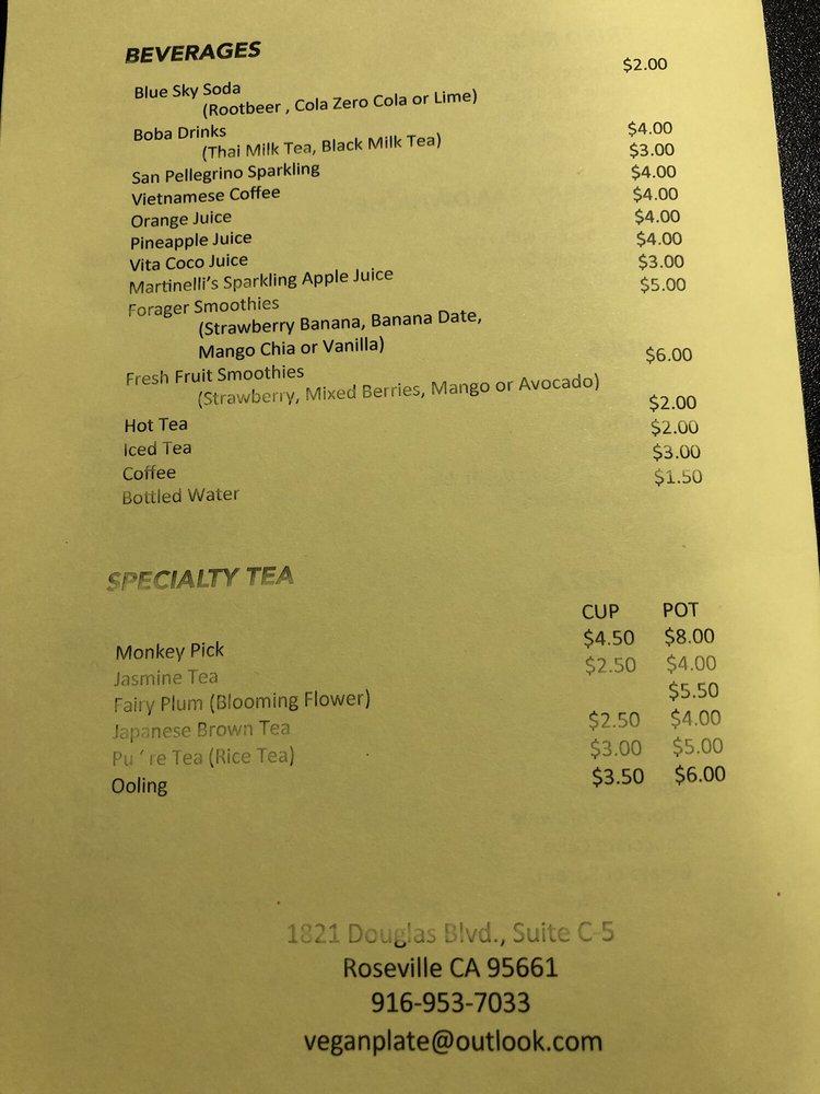 Menu at Vegan Plate restaurant, Roseville