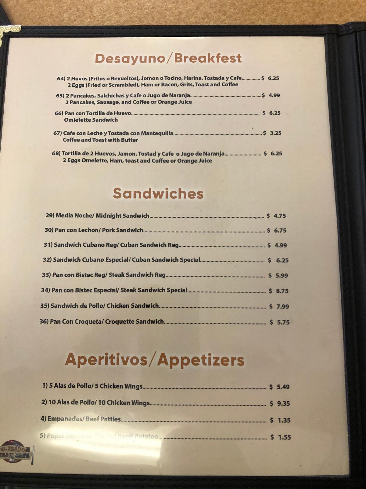 Menu at El Prado Cuban Cafe, Belle Glade