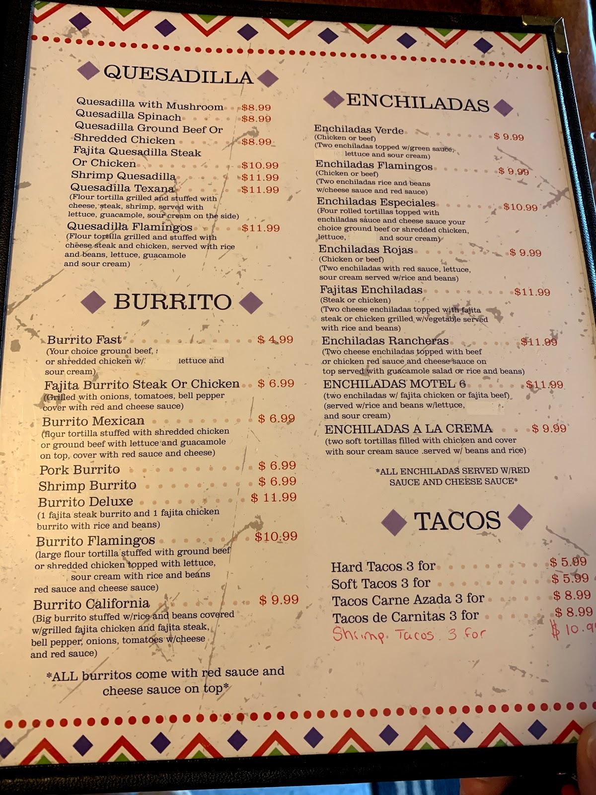 Menu at El Flamingo Mexican Restaurant, DeRidder