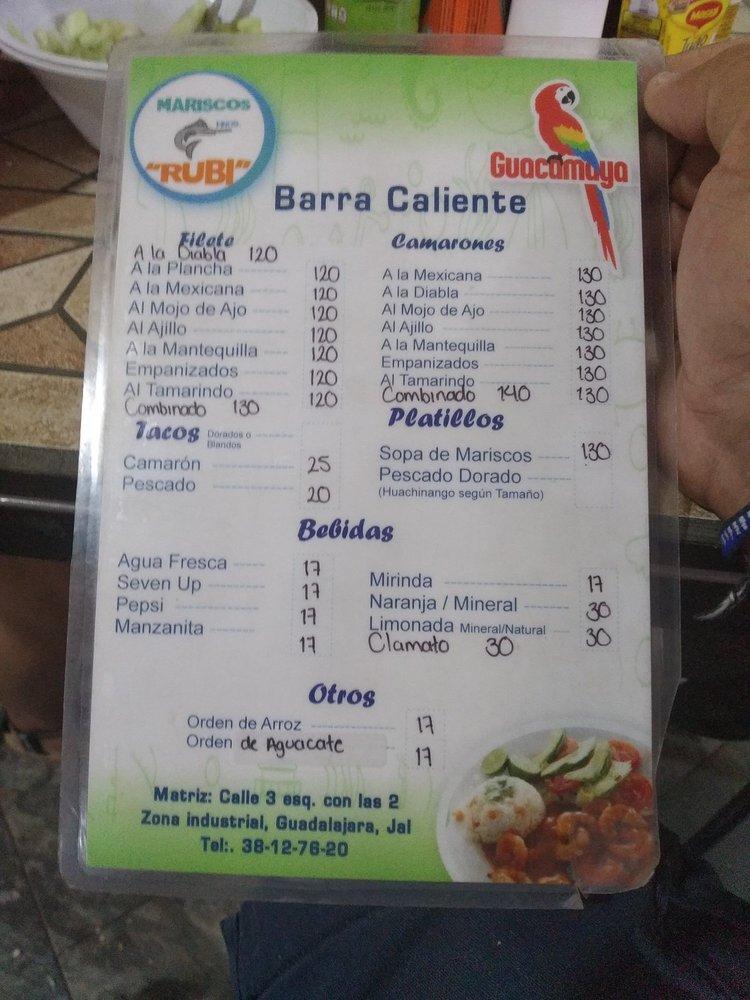 Menu at Mariscos Rubi restaurant, Guadalajara