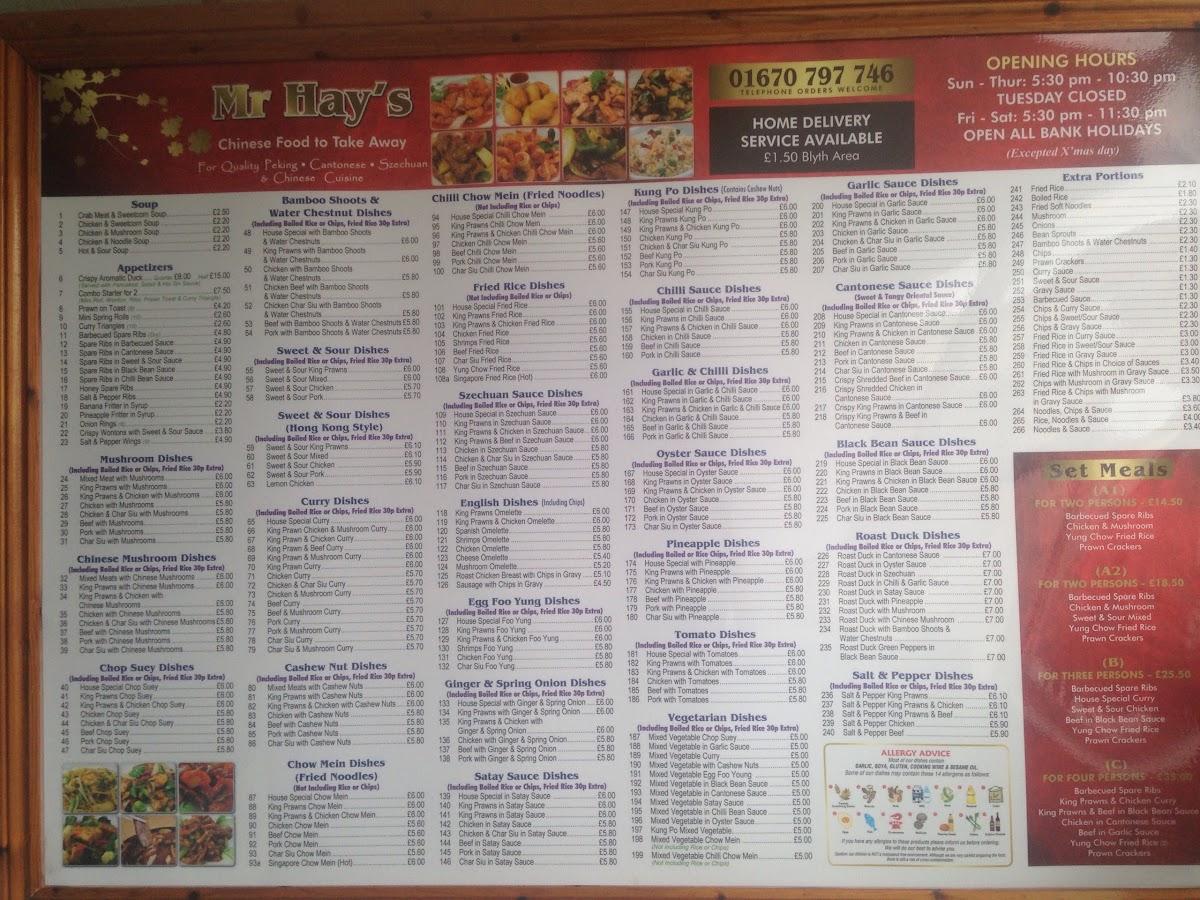 Menu at Mr Hays fast food, Blyth