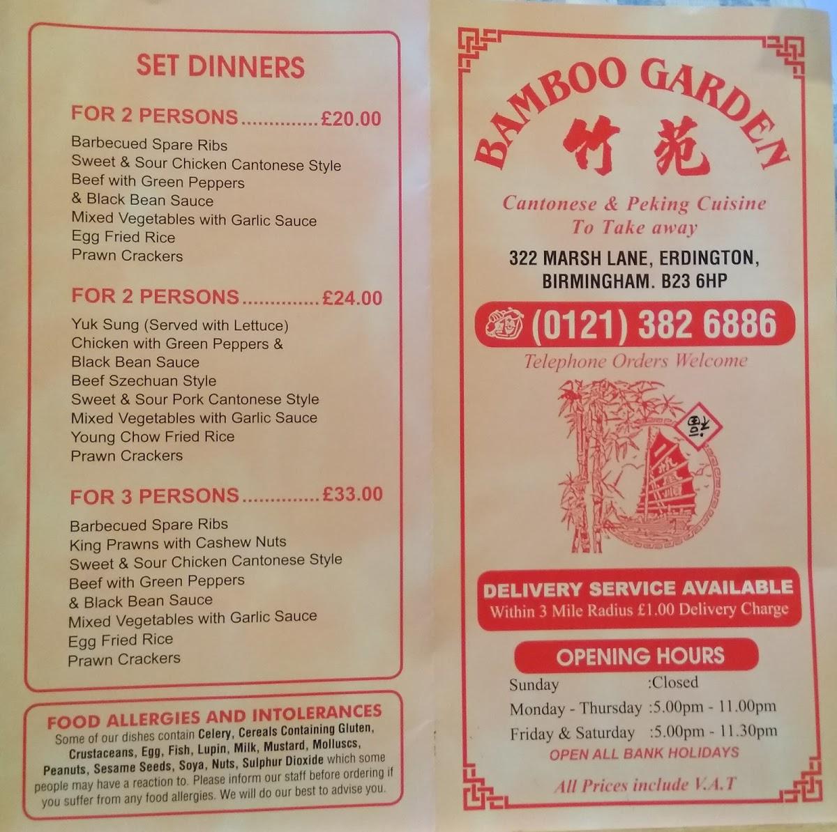 Menu at Bamboo Garden Chinese Takeaway fast food, Birmingham
