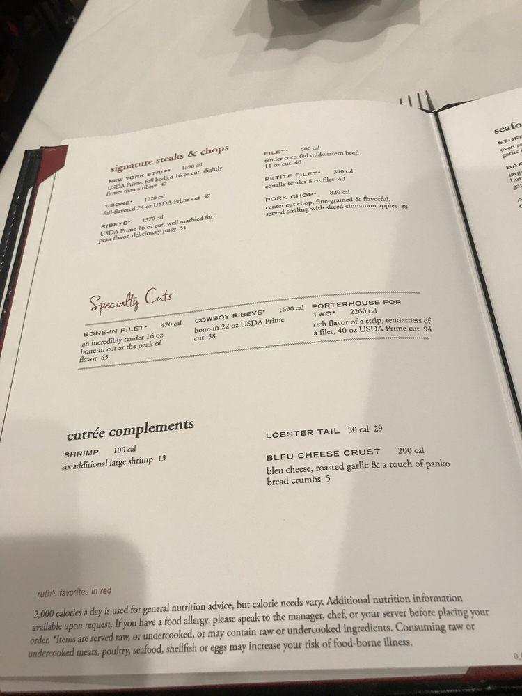 Menu at Ruth's Chris Steak House restaurant, Baton Rouge