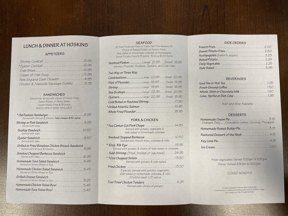 Menu at Hoskins Restaurant, North Myrtle Beach