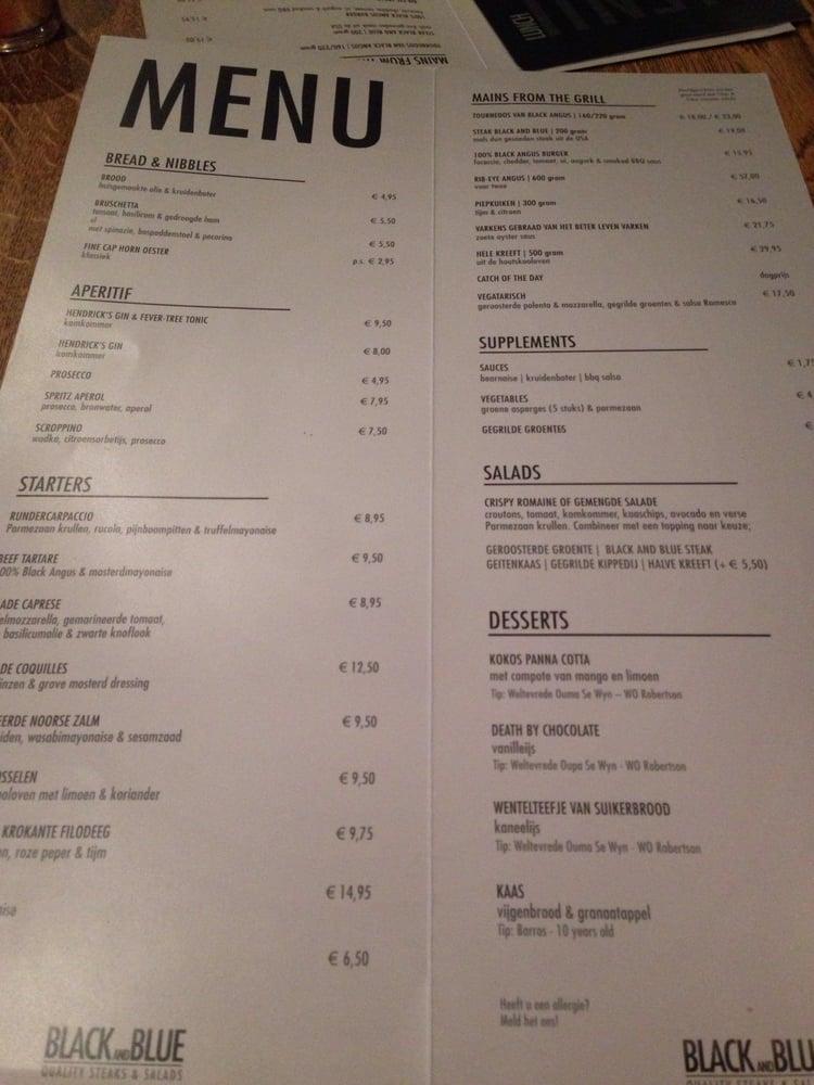 Menu at Black and Blue, Amsterdam