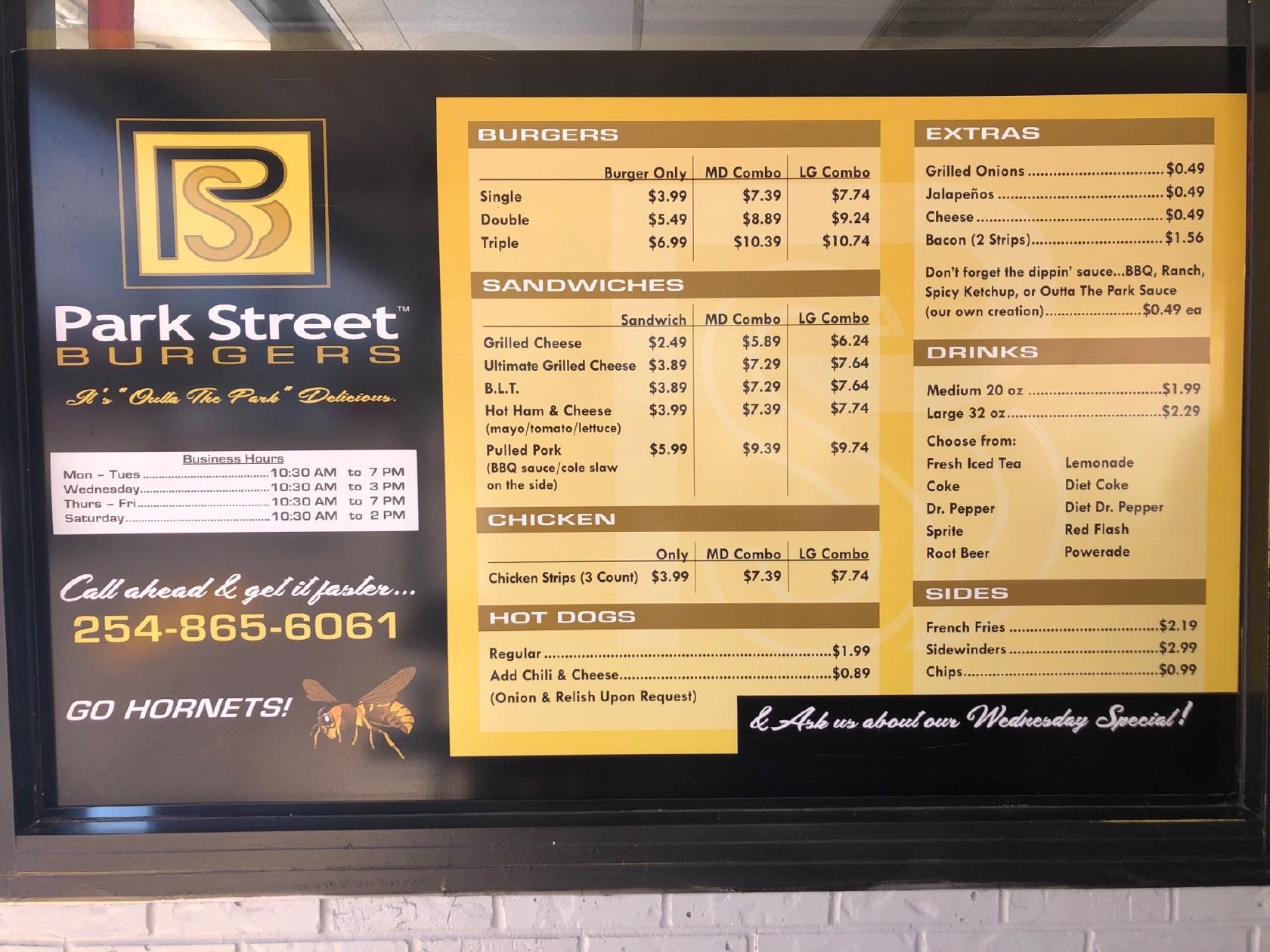 Menu at Park Street Burgers restaurant, Gatesville