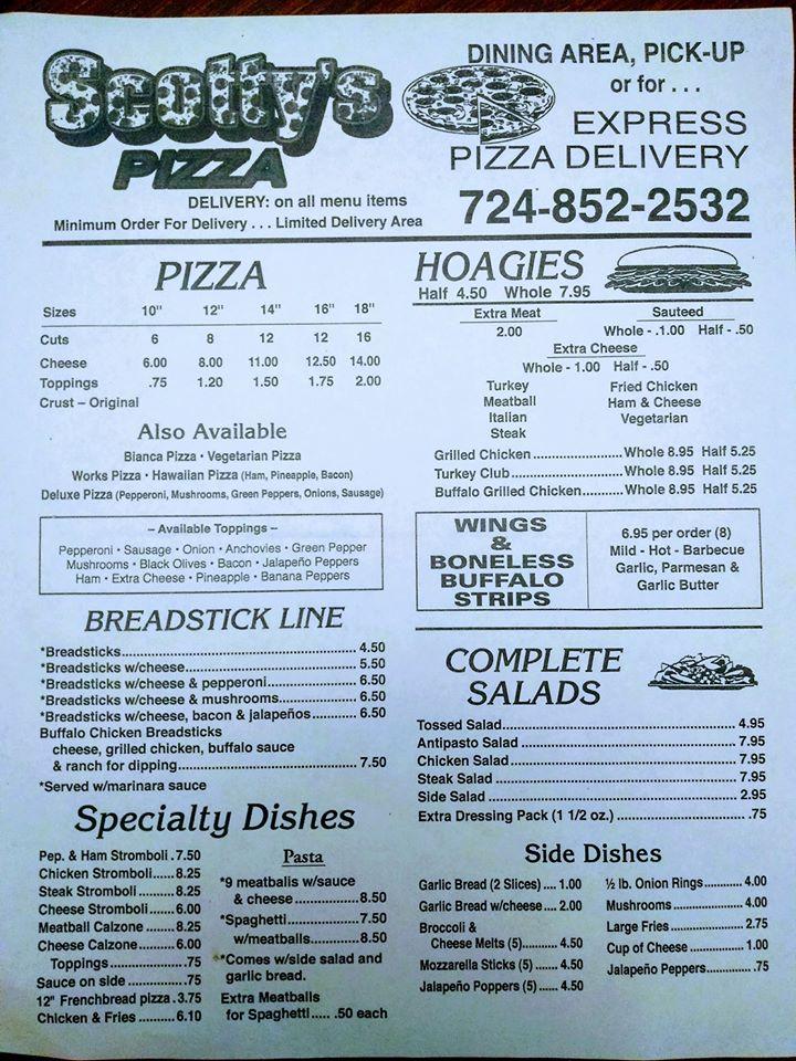 Menu at Scotty's Pizza pizzeria, Waynesburg, E High St