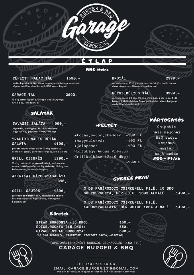 Menu at Garage Burger & BBQ, Karcag