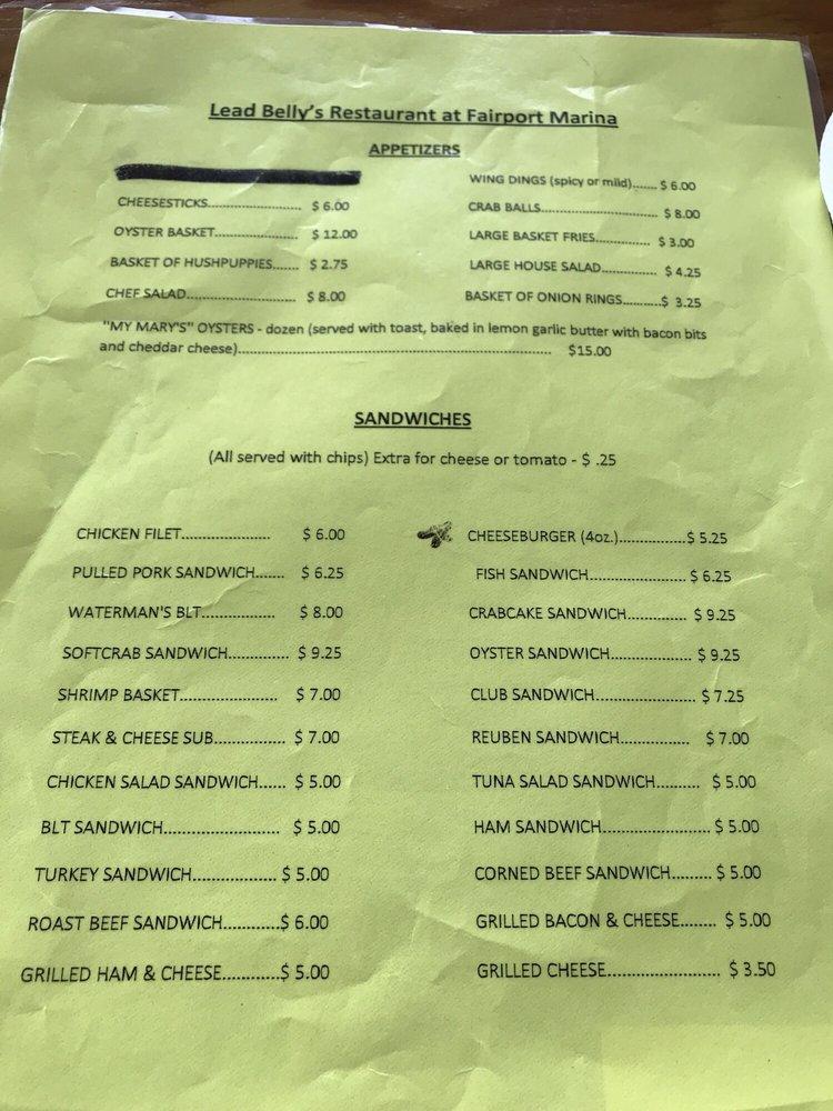 Menu at Leadbelly's Restaurant at Fairport Marina, USA