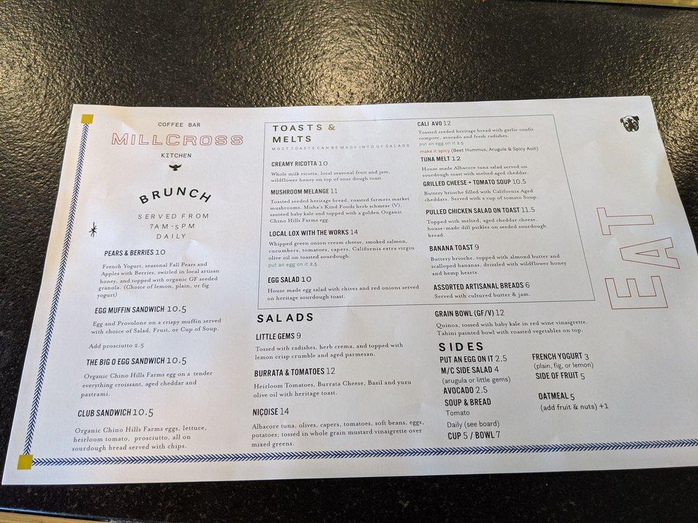 Menu at MillCross Coffee Bar & Kitchen, Culver City