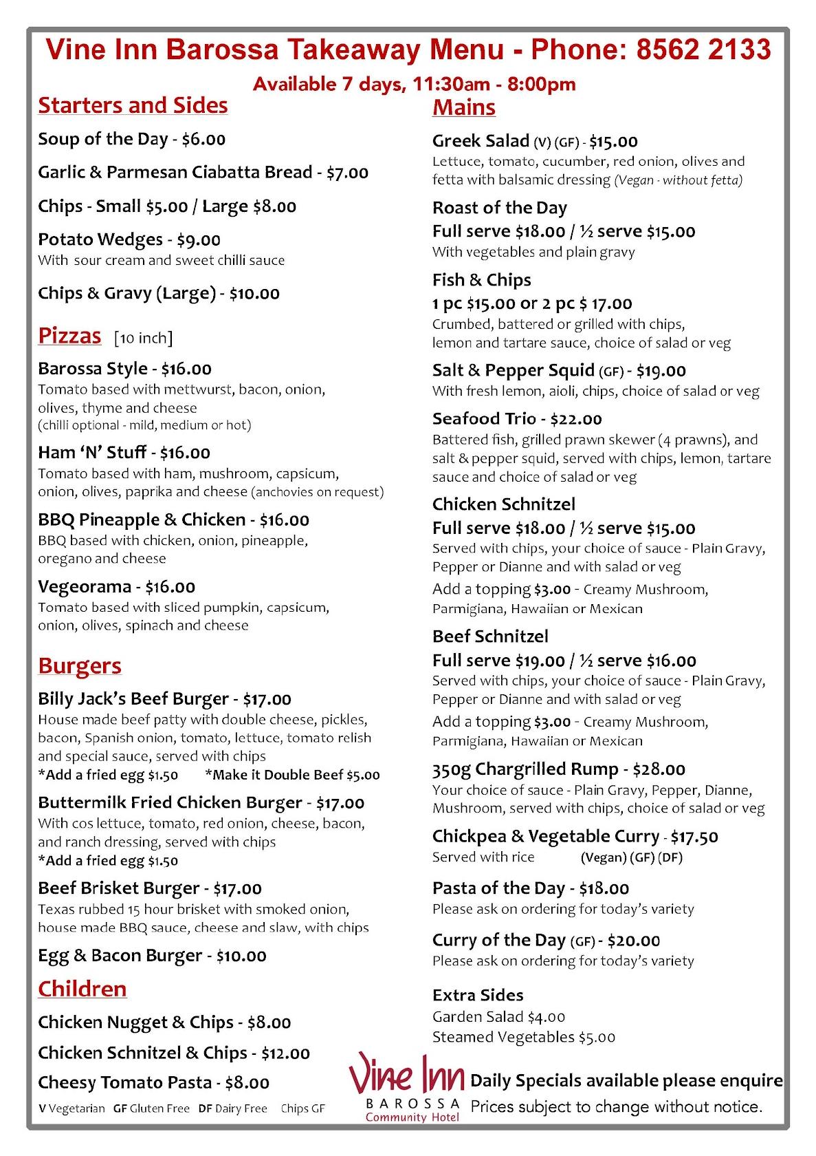 Menu at Vine Inn Barossa, Nuriootpa