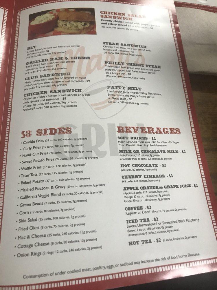 Menu at Mary's Grill restaurant, Tonkawa