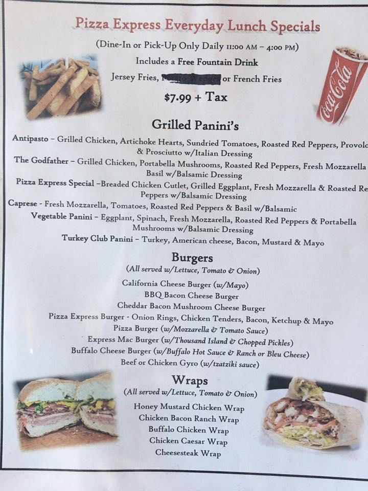 Menu at Pizza Express Mt. Arlington pizzeria, Mount Arlington