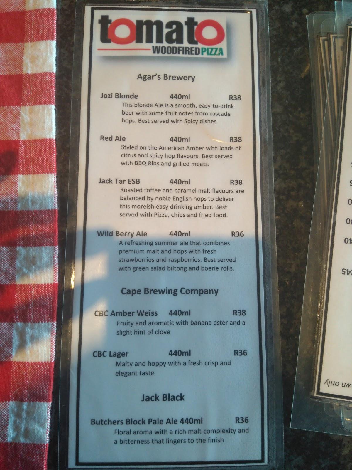 Menu au TOMATO WOODFIRED PIZZA restaurant, Boksburg, Shop 1