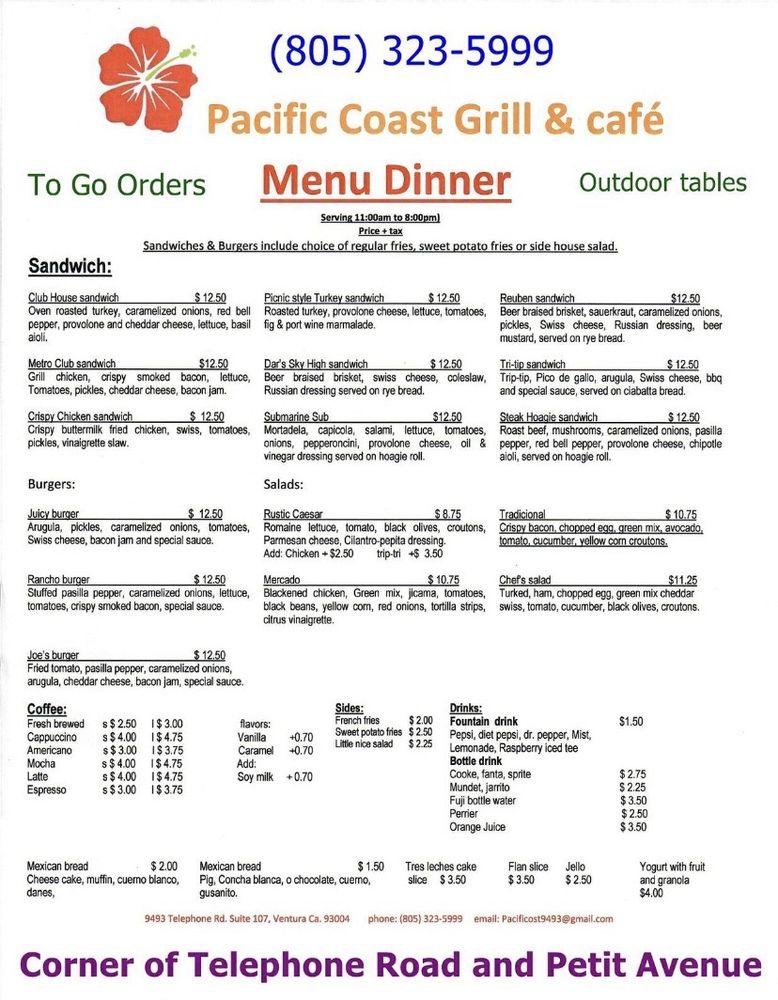 Menu at Pacific Coast Grill & Café restaurant, Ventura